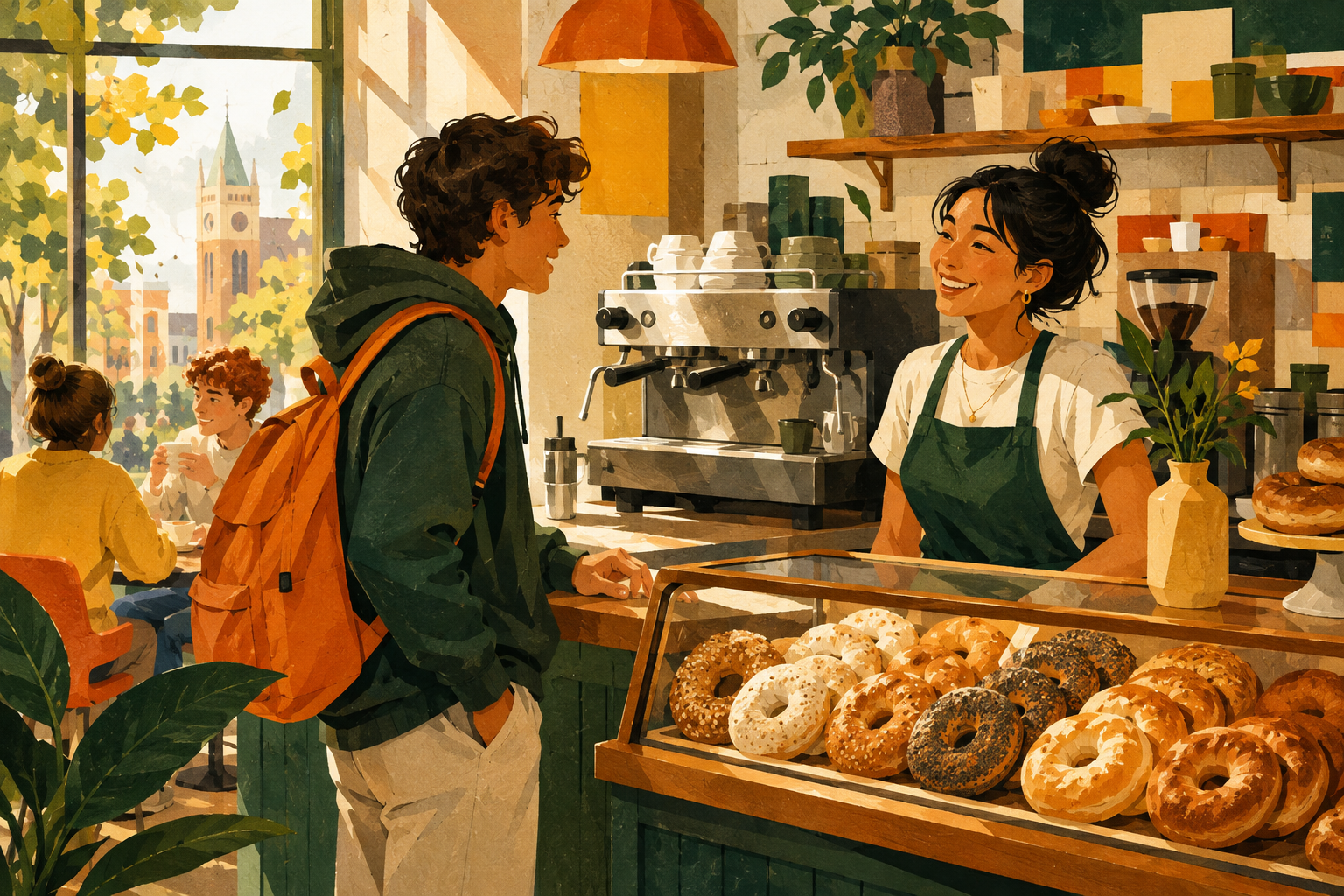An illustrated student chatting with a cashier at a sunny college-town café